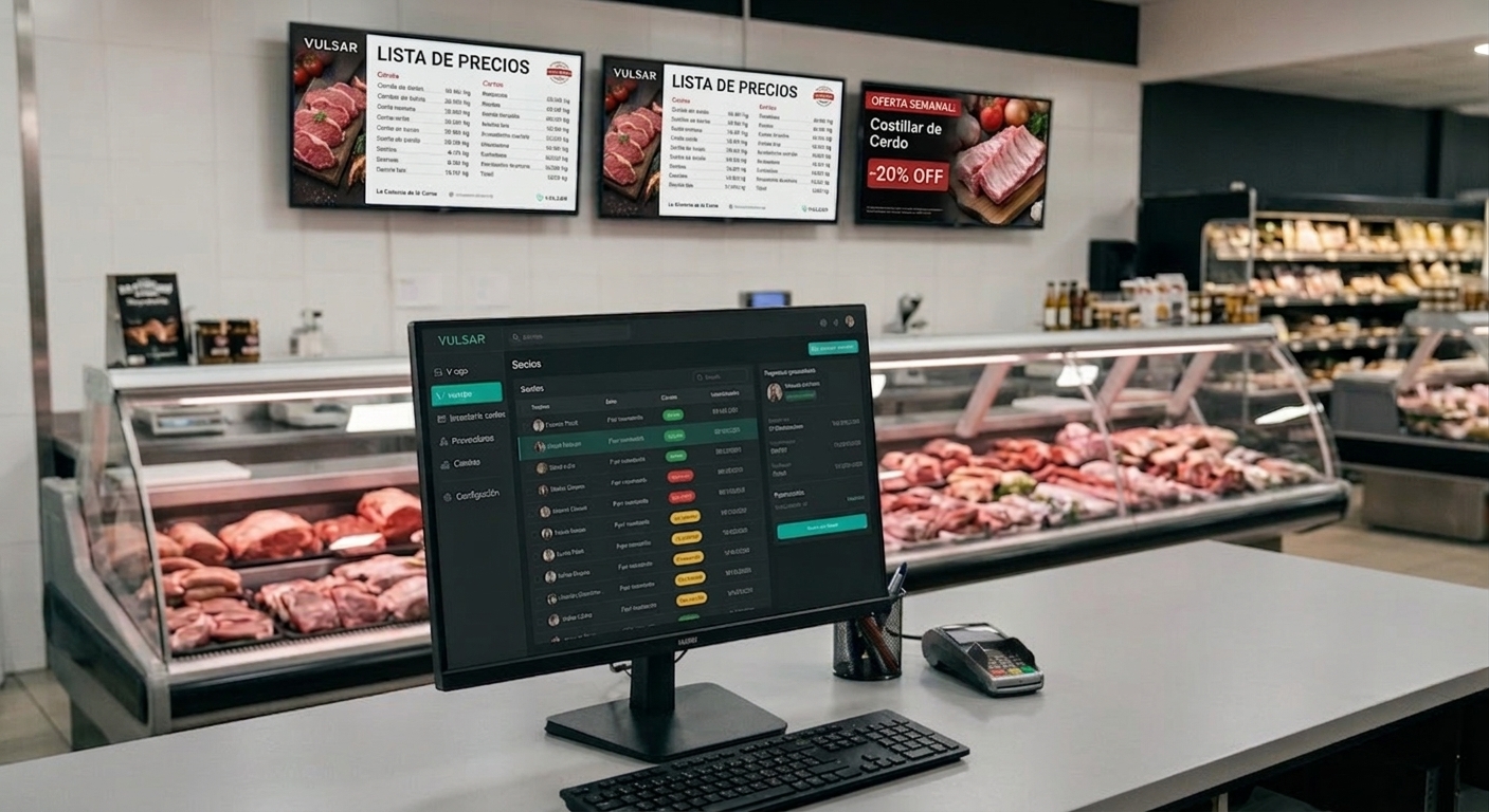 Cartelería digital de Vulsar con listas de precios y promociones en TVs de un local