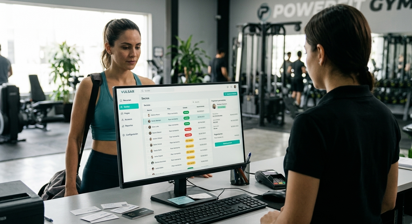 Panel de control de membresías de Vulsar en la recepción de un gimnasio