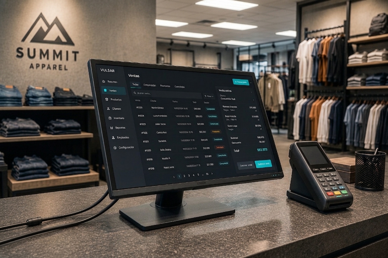 Panel de punto de venta y gestión de Vulsar en el mostrador de un local